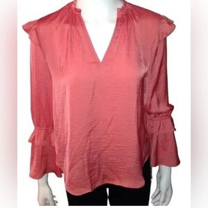 A NEW DAY size SMALL, pink long sleeves with ruffle tier cuff V-neck blouse.